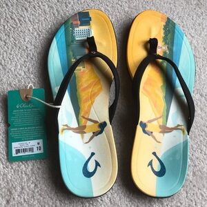 OluKai Yellow and Blue Flip Flops with Black Straps